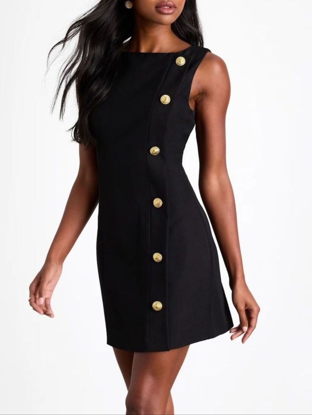 Black Sleeveless Sheath Dress with Decorative Buttons